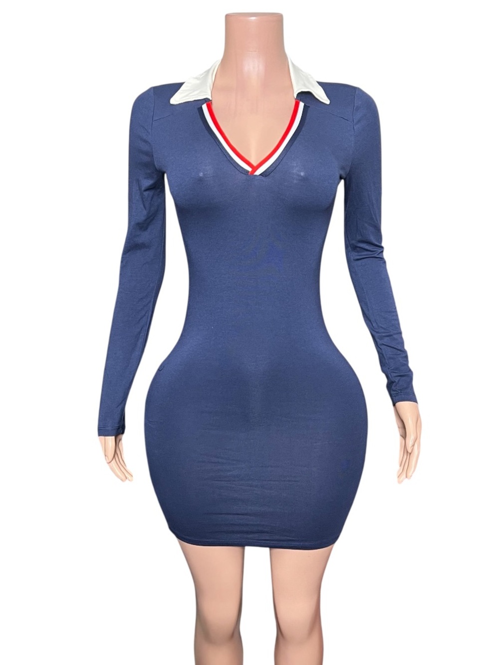 Long Sleeve Navy Polo-Collar Bodycon Dress